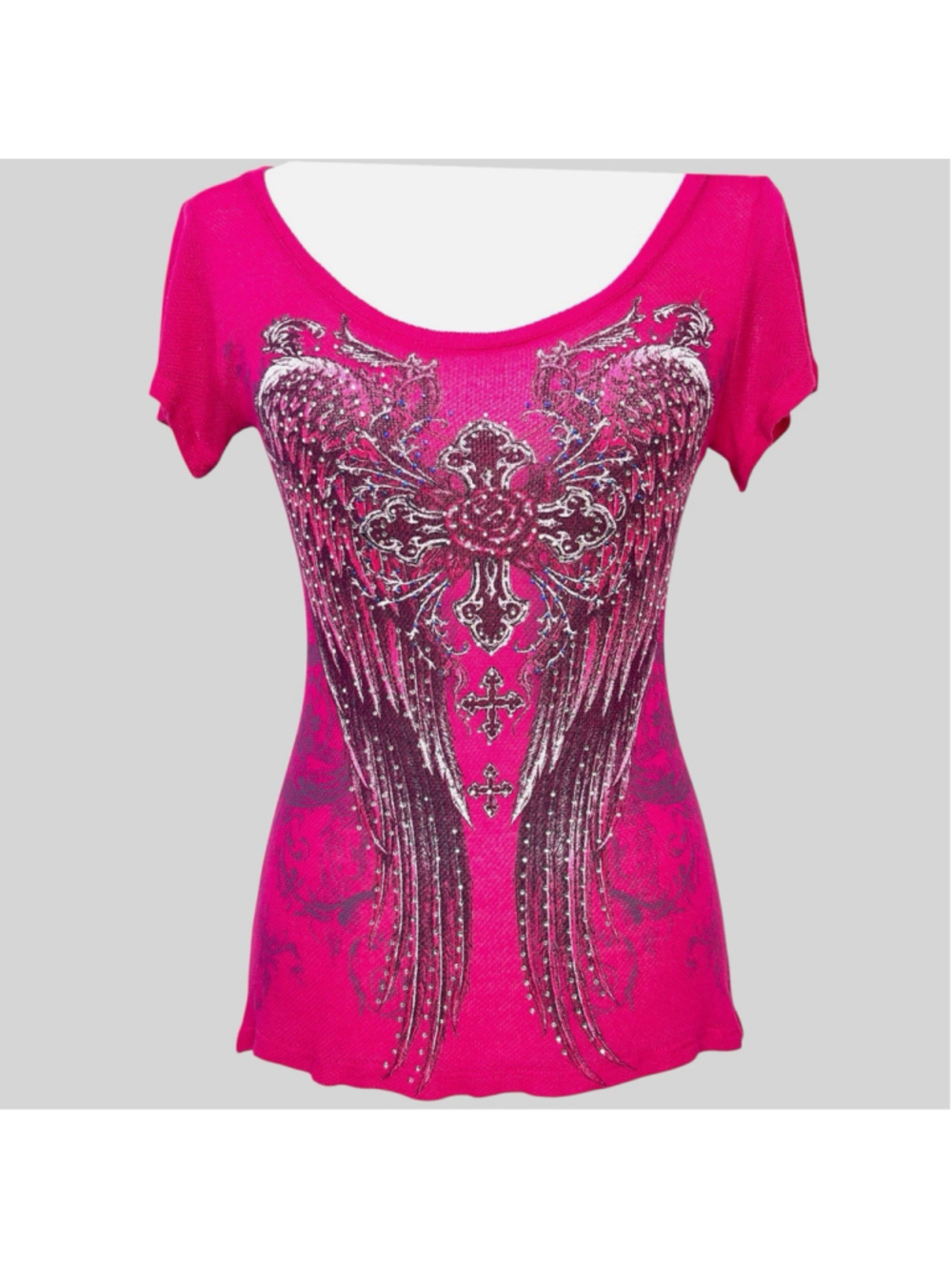 Rhinestone Angel Wings Rose Cross Top S Cyber Y2K Mall Goth From LA By Bus Stop - Picture 11 of 16